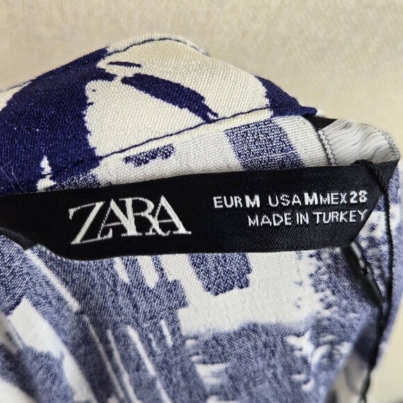 Zara Size Medium Blue White Ikat Print Dress Long Sleeve Ruffle Bottom Tier NWT - Picture 11 of 15